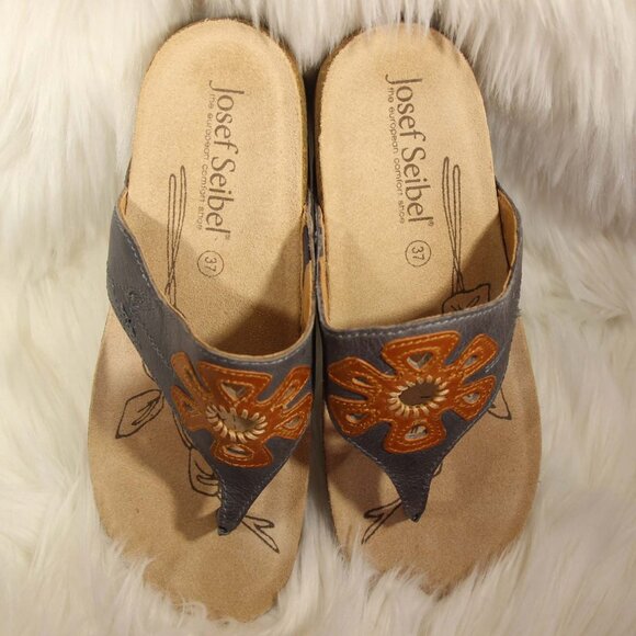 Josef Seibel Women's Leather Thong Sandals EU 37 Gray Floral Style #78809 READ - Picture 9 of 15